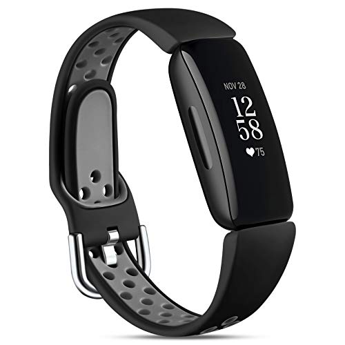 Maledan Compatible with Fitbit Inspire 2 Bands for Men and Women, Soft Silicone Waterproof Breathable Sport Band Replacement Wristbands with Holes for Inspire 2 Fitness Tracker, Black/Gray, Small