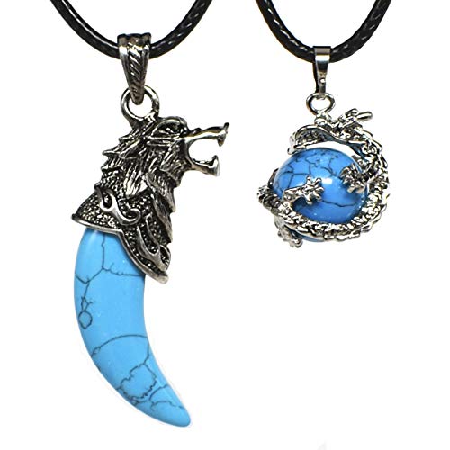ULGAI Collares de Piedras Preciosas de Cristal Natural, Colgante de Diente de Lobo y Amuleto de Bola Redonda con Forma de dragón, Collar con Colgante curativo (Turquesa)