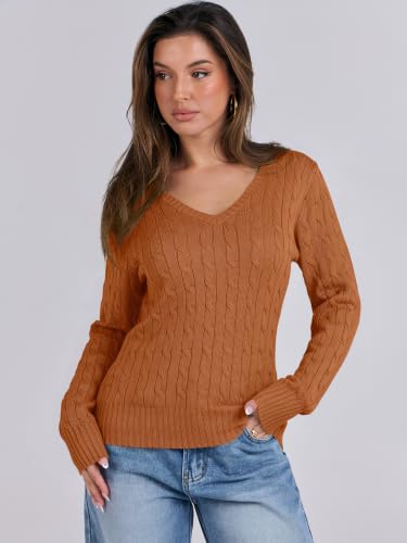 Image of ANRABESS Women's Cable Knit V Neck Fitted Sweaters