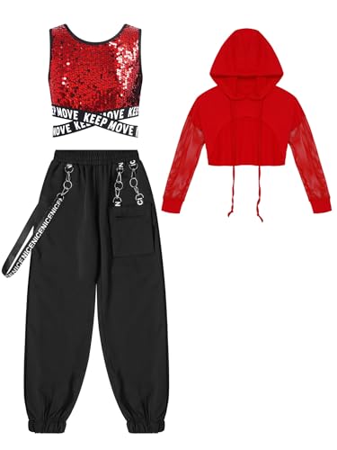 iiniim Kids Girls 3 Piece Tracksuit Shiny Crop Tops Hoodie and Jogger Pants Set Hip Hop Modern Jazz Street Dancewear3