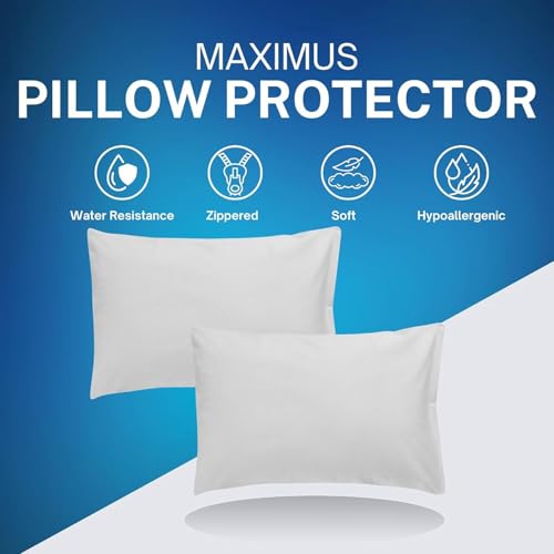 Image of Waterproof Terry Cotton Pillow Protector Cover with Zippered Closure | 18X28 Inch Standard Size Pillow Cover, Set of 2 | Dustproof Bedding Pillowcase for Protection (White)
