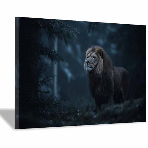 Tableau lion forêt nocturne encadré œuvre sur toile marron moderne 40x60cm