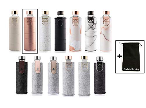 Equa Mismatch Trinkflasche Glasflasche Borosilikat Glas 750 ml mit Kunstleder- oder Filzhülle + Stoffbeutel (Bronze - Kunstlederhülle Metallgriff)