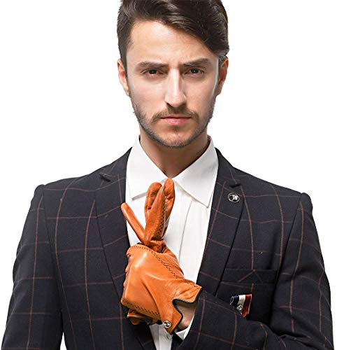 NAPPAGLO メンズ 男性用 レザー 羊革 手袋 独特のデザイン U型嵌め口 スマホ対応 手作り 運転 ドライブ グローブ ロングフリース ライニング （M オレンジ（スマホ対応のない））