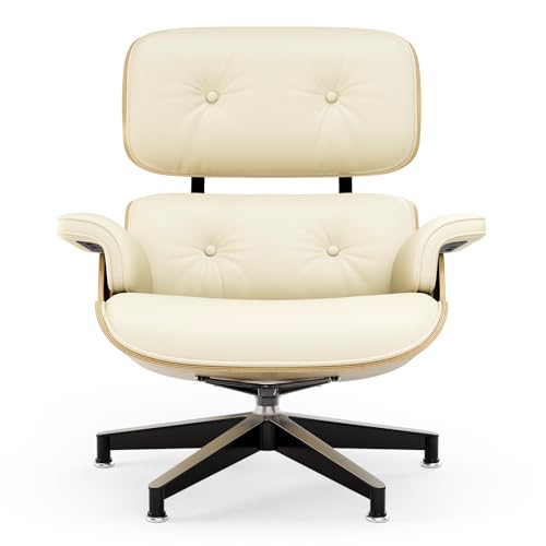Image of Top Cream White Grain Leather, Mid Century Chaise Lounge Chair and Ottoman, Modern Chair Classic Design, Ash Wood, Heavy Duty Base Support for Living Room Office