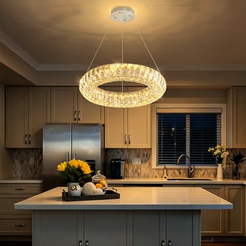 AFQEJG 15.7" Modern Crystal Chandelier Dimmable Ring Pendant Light Round Crystal Chandeliers for Living Room Dining Room Bedroom Silver