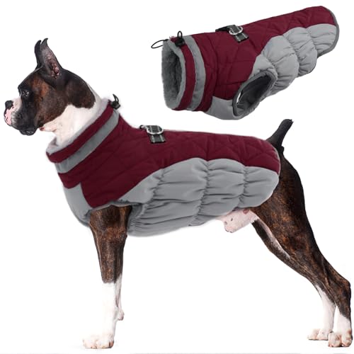 Image of Lelepet Dog Coat Warm Dog Winter Coat Waterproof Dogs Jacket with Harness | Reflective Pet Fleece Vest Zip-Up Cold Weather Coats for Large Dogs Turtleneck & Windproof Boston Terrier Wine Red L