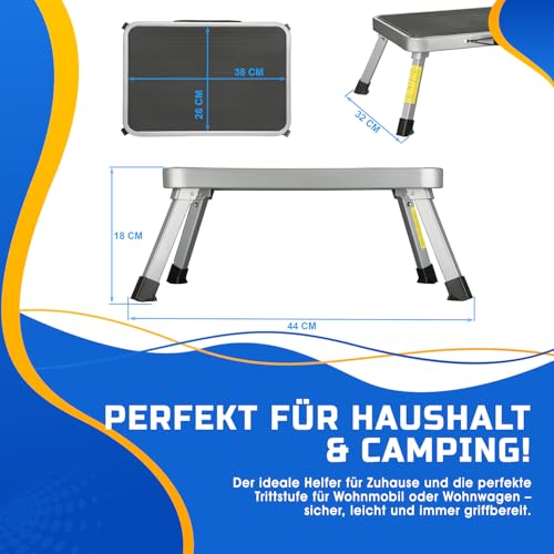 Wohnwagen Trittstufe klappbar – Tritthocker Stahl bis 150 kg – Rutschfester Camping Klapptritt mit Gummifüßen – Trittleiter für Wohnmobil, Caravan, Küche – EN14183 Zertifiziert