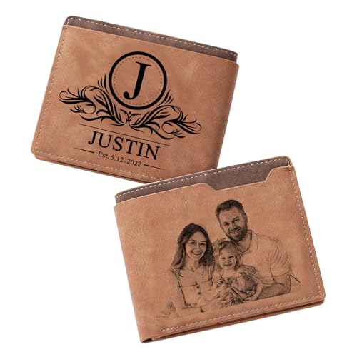 Customized Personalized Wallets for Men,Photo,Name Engraved Leather Wallets,Boyfriend Husband Fathers Day Dad Grandpa Gift (Style 3)