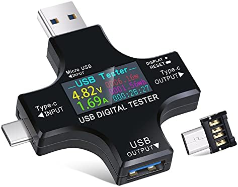Eversame 2 in 1 Type C USB Tester Colour Screen LCD Digital Multimeter, USB C Voltage Current Voltmeter Amp Volt Ammeter Detector USB Cable Charger Indicator DC3.6-30V/0-5.1A