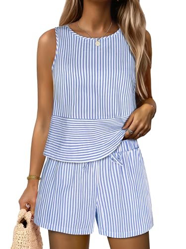 ANRABESS Womens 2 Piece Outfits Striped Summer Casual Sleeveless Tank Top Matching Shorts Lounge Sets Pajamas Beach Clothes Blue White Stripe Medium