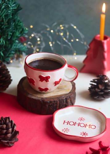 Image of WEAVING HOMES Handcrafted Ceramic Mug & Dessert Plate to Gift to Best Friend and Love Microwave Safe Bow Mug & HOHOHO Handmade Dessert Plate (Set of 2, Multicolor)