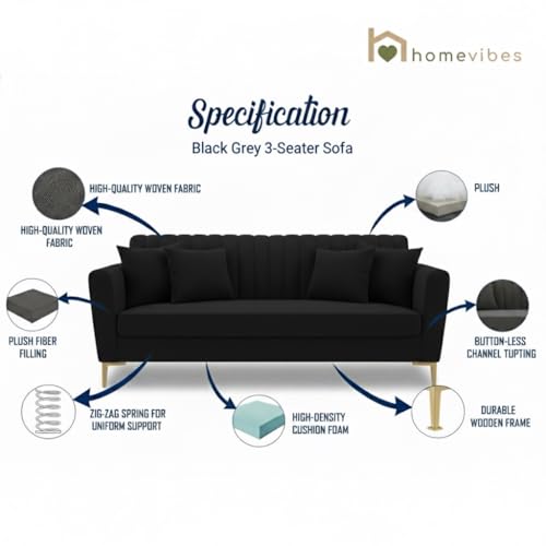 Image of 3 Seater Velum Fabric Sofa Set for Living Room, Modern Design with High Density Foam, Solid Wood Frame, Ergonomic Comfortable Seating for Home & Office (Black, 3 Seater) | Soft foam comfort