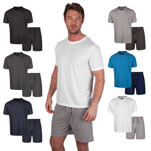 Light & Shade LSSET032 Conjunto de Pijama de Hombre con Camiseta de Cuello Redondo y Pantalones Cortos, Blanco/Gris Marga, M