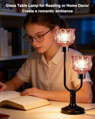 Image of Lightdot Mid Century Modern Table Lamp Dimmable Vintage Black Flower Lamp | Lotus Pink Glass Desk Lamp 2 Bulbs Included Warmwhite Ambient Nightstand Bedside Lamp for Living Room Bedroom Home Decor Gift