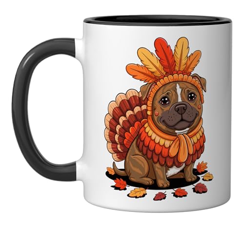 Thanksgiving Turkey Staffordshire Bull Terrier Staffy Ceramic Mug, Black/White