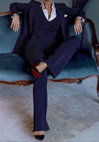 Women's 3 Piece Business Stripes Suit Set Slim Fit Professional Blazer Jacket Vest Pant for Work Office3