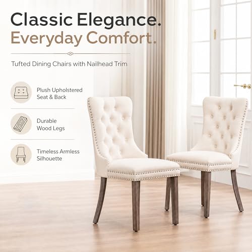 Image of Velvet Dining Chairs, Tufted Kitchen & Dining Room Chairs, Beige, Set of 2