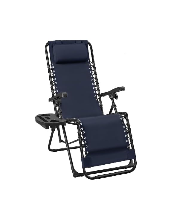Weida Home Tumbona Plegable para Exterior | Reposapiés y Cojín Ajustable | Silla Reclinable Bandeja Lateral para Bebidas, Móvil y Libros | para Terraza, Camping, Playa, Piscina (Azul Oscuro)