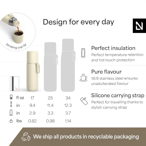Image of LARS NYSOM Stainless Steel Thermo Water Bottle - Double Wall Insulated Water Bottle with Cup & Carry Strap, Leakproof Metal Bottle for Travel, Office & Outdoor (Almond Beige, 17oz)