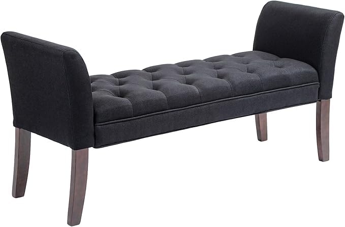 Living 01 End of Bed Bench with Button Tufted Design, Upholstered Bedroom Entryway Bench with Arms and Solid Wood Legs for Bedroom (Black)-image-13