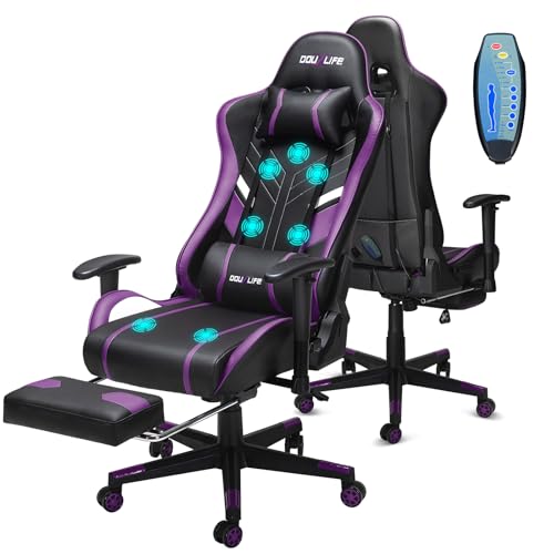 Douxlife Gaming Stuhl, mit 7 Punkt Massage, Fußstütze, Ergonomischer Bürostuhl, 90-175° Rückenlehne Einstellbar, Verstellbare 2D Armlehne, PC Gamer Stuhl Schreibtischstuh, 150-180KG, Lila