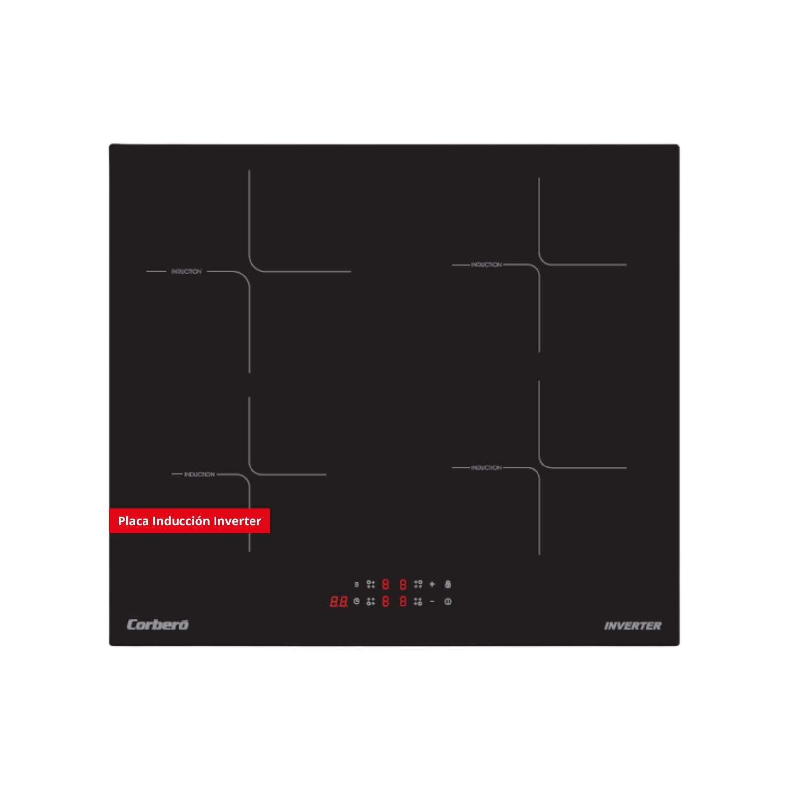 Corberó - Placa de Inducción 60cm | CCIM472 | 7200 W| 4 Zonas | Booster | Inverter | Control Táctil | Temporizador | Bloqueo Infantil | Desconexión automática | Negro