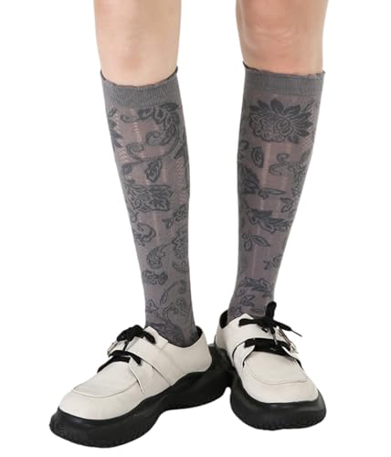 Women's Retro Casual Floral Hollow Knee High Socks Vintage Chic Calf Socks with Breathable Cutout Design