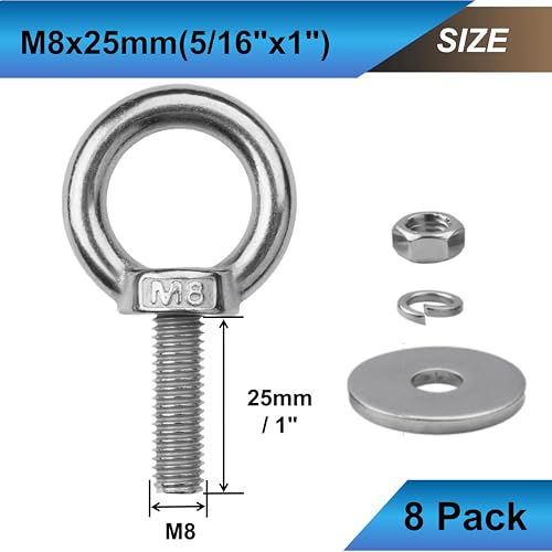 Image of 8 Pack M8 Eye Bolts with Nuts, 304 Stainless Steel 5 /16 inch x 1 inch Heavy Duty Lifting Eye Bolts, Metric M8x25mm Ring Eye Bolt for Hanging, Tie Down, Outdoor & Hardware Fixing (8, 5 /16 inchx1 inch)