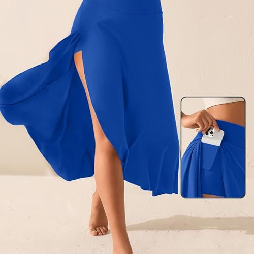 Womens Maxi Skirts Flowy High Waist Wrap Athletic Yoga Skirt with Slit Asymmetrical Ruffle Skirts with Shorts2