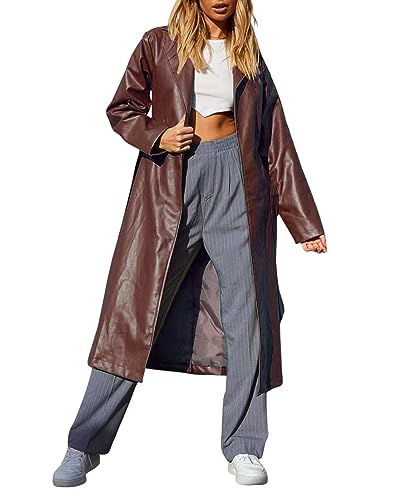 Leyoutx Women's Casual PU Leather Long Jacket Lapel Open Front Trench Coat with Belt (X-Small, Brown)