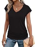 Zeagoo Cap Sleeve Tshirts for Women Black Ruched V Neck Beach Vacation Solid Shirts Lightweight Trendy Casual Blouses 2026