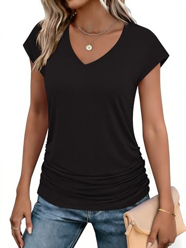 Zeagoo Cap Sleeve Tshirts for Women Black Ruched V Neck Beach Vacation Solid Shirts Lightweight Trendy Casual Blouses 2026