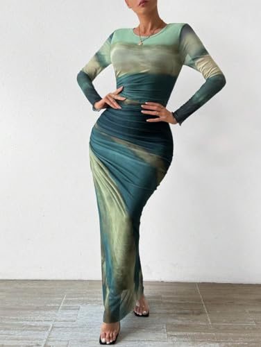 Image of LIGHT DOT Women's Printed Bodycon Maxi Dress Long Sleeve Tie Dye Mesh Ruched Cocktail Dress