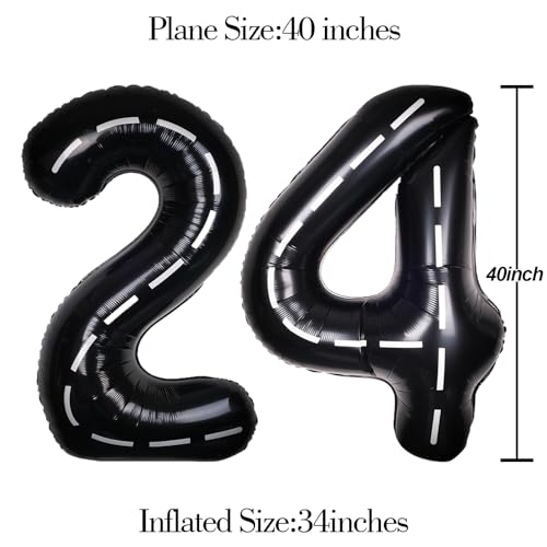 Image of Race Car 40 Inch Black 24 Big Large Helium Balloon Number 0-9 | Track Giant Digital 24th Foil Mylar Party Balloons for Men Birthday Car Theme Party Anniversary Graduation Decorations
