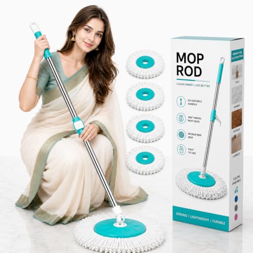 Image of Mi|Ton Spining Mop Set | Adjustable Mop Rod for Floor Cleaning | Stainless Steel Handle & 4 Microfiber Refills ,Easy to fit &use for All Types of Mops - ( C-Green )
