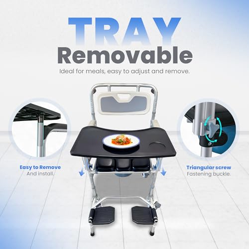 3 in 1 Commode Shower Chair with Wheels + Wheelchair Tray + Footrest – Rolling Shower Chair for Elderly and Disabled - Bedside Commode Toilet - Shower Wheelchair - Toilet Riser with Handles