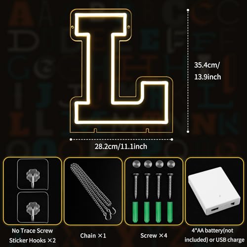 Image of Light Up Letters L, Led Marquee Letter Lights Neon Sign, 13.9 inch Height Decorative Lighted Alphabet Number, Battery /USB Powered Led Letters Lights for Wedding, Birthday, Party, Christmas or Home Decor