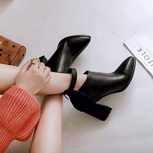MIOKE Women's Pointed Toe Dress Ankle Boots Buckle Zipper Chelsea Booties Chunky High Block Heel Short Boot4