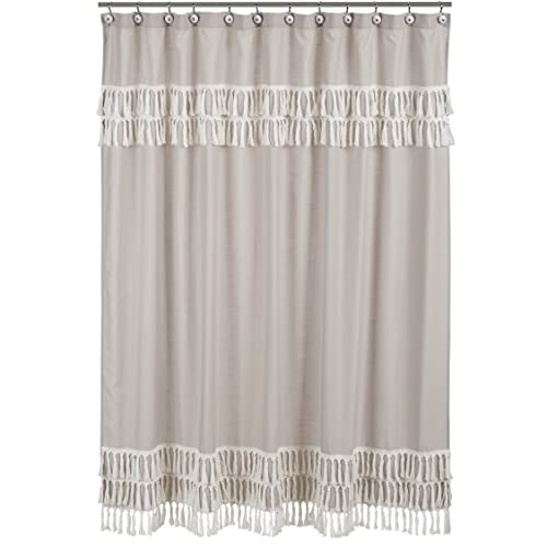 Sweet Jojo Designs Boho Fringe Bathroom Fabric Bath Shower Curtain - Gender Neutral Beige Tan Taupe Linen Tassel Macrame for Bohemian Woodland Farmhouse Botanical Leaf Collection