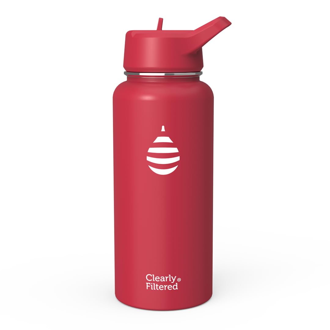 Clearly Filtered Water Bottle | Removes 200+ Contaminants, Double-Wall Insulated Stainless Steel, BPA/BPS Free, Phthalate Free, Filters Flouride Lead Chlorine (32oz, Crimson)