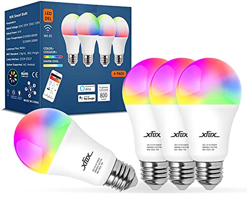 Smart Light Bulbs RGB Color Light Bulb WiFi Smart Bulbs Work with Alexa Echo Google Home Smart Things No Hub Required Dimmable LED A19 E26 Multicolor High CRI High Brightness 9W 800LM 4Pack