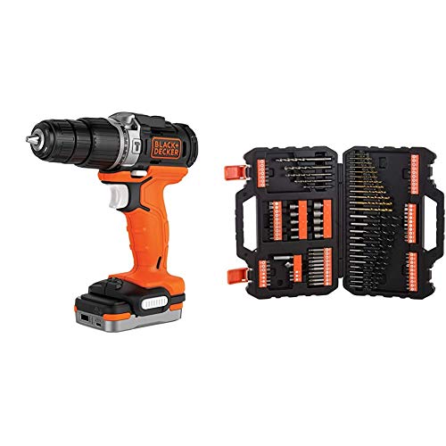 BLACK+DECKER BDCHD12S1-XJ - Taladro Percutor 12V con batería litio 1.5 Ah, incluye cable USB de carga + A7200-XJ - Juego de 109 piezas para atornillar y taladrar con brocas