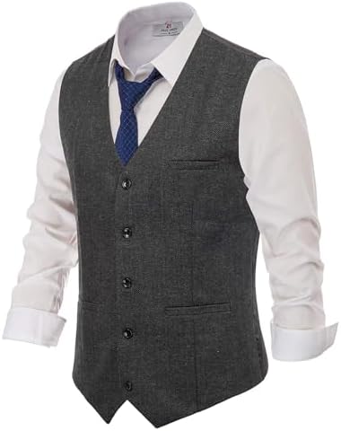 PJ PAUL JONES Mens Tweed Suit Vest Vintage Herringbone Wool Blend Waistcoat