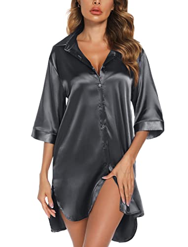 Leikar Satin Nightgown For Women 3/4 Sleeve Silk Night Shirts Button Down Pajamas Dress Boyfriend Sleepshirt S-XXL, Grey, Small