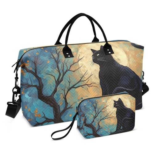 Large Travel Duffel Bag, Cat and Moon Sports Tote Gym Bag, Shoulder Weekender Overnight Bag for Women Men, Carry On Luggage with Toiletry Bags
