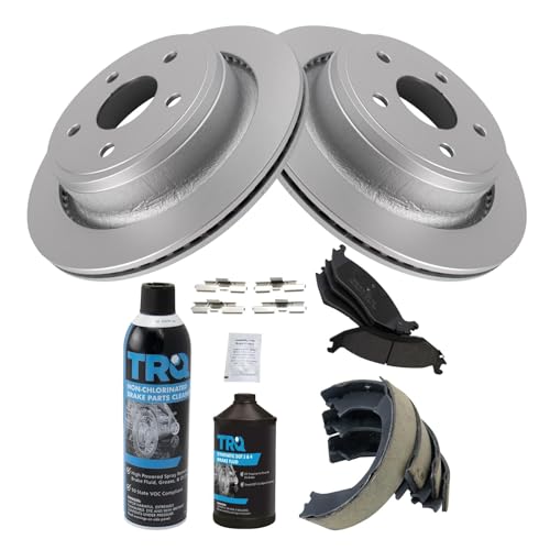 Image of TRQ Rear Brake Pad & Rotor Kit, with Chemical Kit Parking Brake Shoe Set Semi-Metallic Compatible with 2003-2004 Dodge Ram 1500