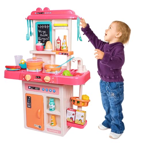Image of PUREjoy Kitchen Play Set for Kids, Interactive Stove with Lights, Sounds & Steam, Working Water Sink, 42-Piece Accessory Set with Storage, Pink, 52cm