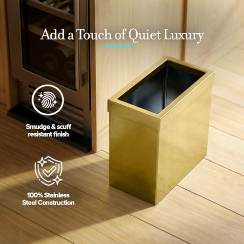 Image of Gatco Modern Rectangle Wastebasket, Brushed Brass - Stainless Steel Trash Can with Removable Lid, Leakproof, 3 Gallon Capacity for Bathroom, Bedroom, Kitchen, or Office