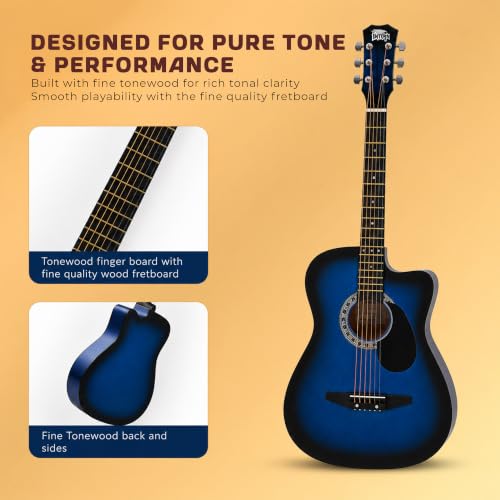 Image of INTERN Glossy 38 Inch Acoustic Guitar Kit for Beginners, Right Handed 6 String Cutaway Guitar with Spruce Top, Ebony Fretboard, Bag, Strap, Picks & Extra Strings (INT-38C-G)